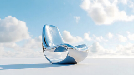 Floating titanium chair gleams beneath vast sky. It futuristic seat, smooth metal curves evoking serenity and sense of weightless freedom