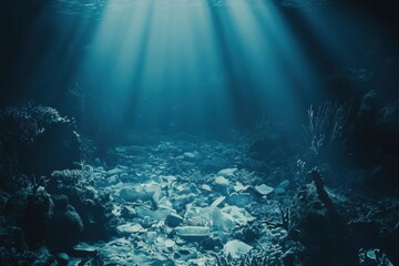 Aufkleber - Underwater landscape with dead corals and scattered plastic waste illuminated by dim light rays. Generative AI