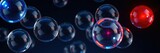 A cluster of transparent glass spheres floating in space wis spheres floating in space with a blue LED on one side and a red LED on the other, neon accents, glass spheres