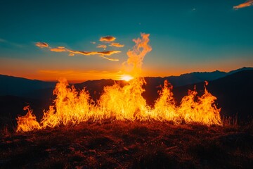 Wall Mural - Flames dance against a vibrant sunset over mountain scenery during twilight hours