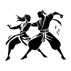 Silhouettes of two martial artists practicing a combat technique.