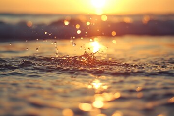 Wall Mural - Golden sunset reflecting on water with gentle waves and sparkling droplets