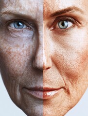 Aufkleber - Transformation of aging to youth reflected in a split face showing contrast in skin texture and tone. Generative AI