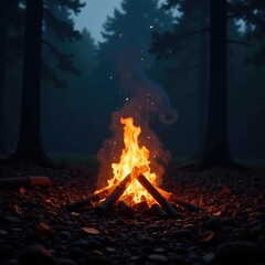Wall Mural - Softly glowing campfire on a misty autumn evening, darkness, light, shadows