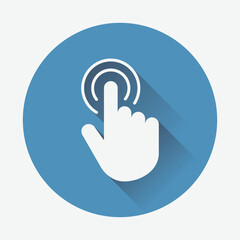 Single icon of computer mouse pointer cursor on isolated blue background. Clicking the cursor. Hand click. Pointing hand click icon. Click the cursor. Fingerprint symbol. Vector illustration