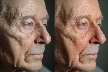 Poster - Transformation of an aged face to youthful skin showcasing the difference in appearance and vitality. Generative AI
