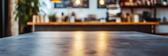 Fototapete - Elegant coffee shop interior with warm lighting and a polished table ready for patrons during morning hours. Generative AI