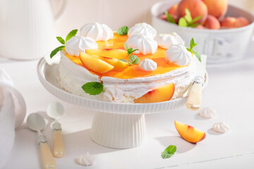 Wall Mural - Delicious peach meringue served dessert for spring.