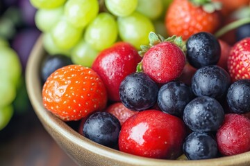 Poster - Fresh assortment of mixed berries and grapes in a bowl on a wooden table during the summer season. Generative AI