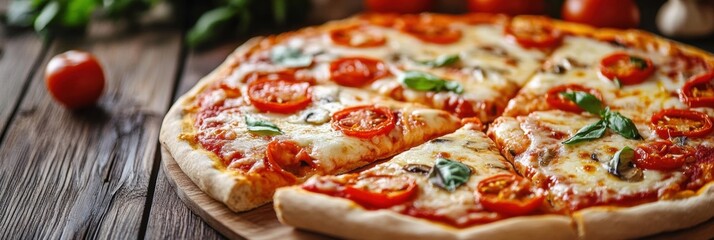 Aufkleber - Delicious homemade pizza topped with fresh tomatoes and basil on a wooden table. Generative AI