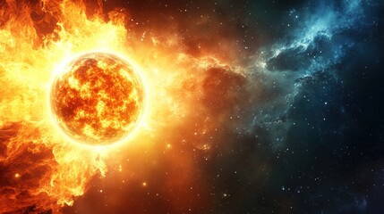 Poster - Radiant sun surrounded by cosmic colors illuminating the vastness of space with fiery brilliance. Generative AI