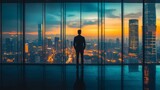Silhouette of Man Gazing at Glowing Cityscape from High Rise Building at Sunset