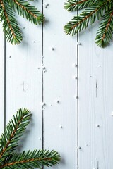 Wall Mural - Fir branches with snowfall on wooden white board background, decorations, wood, snowy landscape