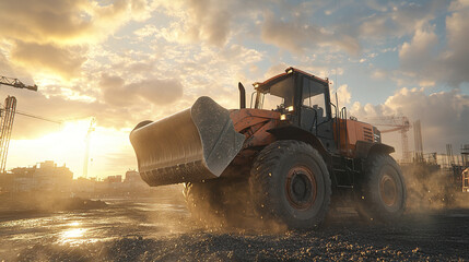 wheel loader lifts gravel at construction site during sunset