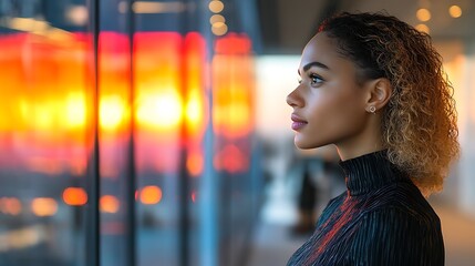 Wall Mural - Woman gazing thoughtfully out of a modern building at a vibrant sunset, with reflections in glass