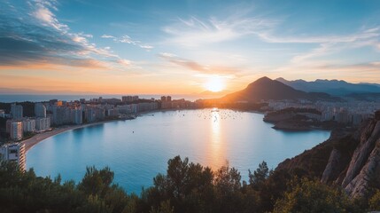 Aufkleber - Sunrise over the tranquil bay with colorful clouds and distant mountains in coastal city. Generative AI