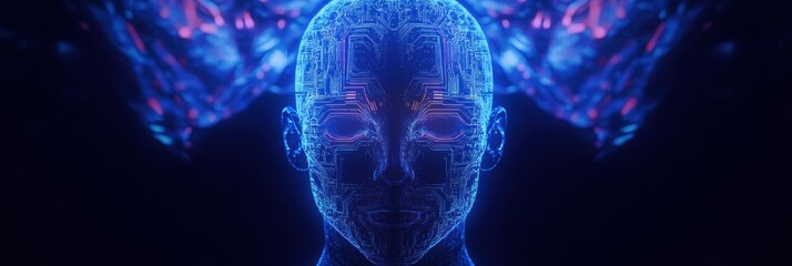 Leinwandbilder - Silhouette of a human head featuring a circuit board pattern and glowing neon lines in a futuristic AI design concept. Generative AI