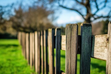Aufkleber - Wooden fence along a vibrant green field under a clear blue sky during daytime in a serene countryside setting. Generative AI
