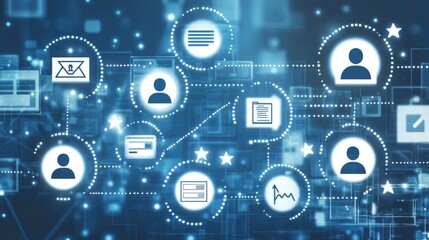 Abstract concept of customer management with digital icons of user profiles, stars, and communication symbols on a blue background