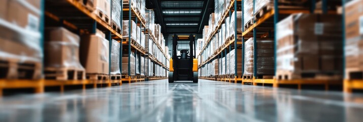 Poster - Warehouse interior with stacked boxes and electric forklift in operation during daytime hours. Generative AI