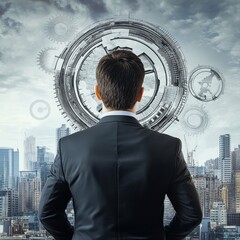 Poster - A Visionary Leader Shaping the Future: Man in Suit Contemplates a Technological Cityscape.