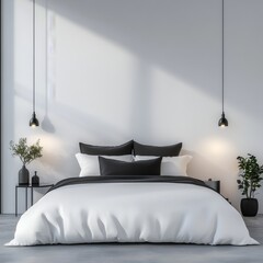Poster - Minimalist Bedroom Design: White Bedding, Black Accents, Natural Light, and Elegant Decor Elements for Modern Living