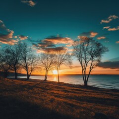 Poster - Sunset over the lake with silhouetted trees and colorful sky during early evening hours. Generative AI