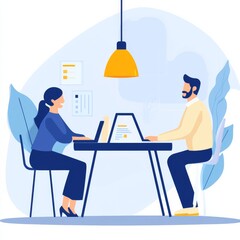 Poster - Teamwork in modern office space: Man and woman collaborating on laptops at a desk with a lamp.