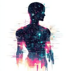digital human: a silhouette of human, filled with digital data and circuits, representing the fusion