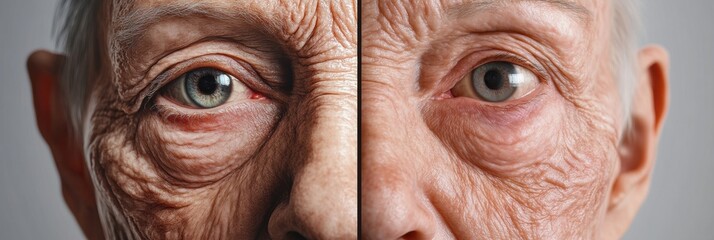 Poster - Transforming a wrinkled face to smooth skin illustrates the contrast of aging and rejuvenation in beauty. Generative AI