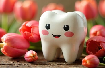 Wall Mural - Figurines of a smiling tooth with tulips. International Women's Day at the dental clinic. March 8th. A festive medical concept.