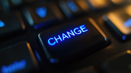 Keyboard key labeled CHANGE glowing in blue, symbolizing digital transformation and innovation, no people