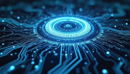 Aufkleber - Illustration of glowing blue lines emitted by tech circular turntable on dark background. Digital, abstract creative concept. Represents future science, computer network, digital communication,