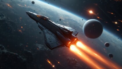 Wall Mural - spaceship with glowing engines flies through dark space filled with stars, planets. spaceship travel