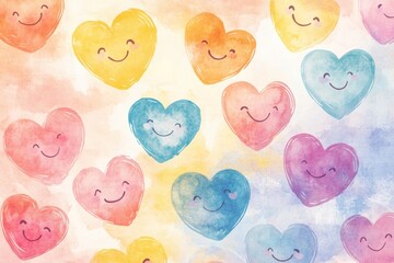 Wall Mural - Colorful watercolor hearts with smiling faces create a cheerful and vibrant pattern suitable for decor or design projects. Generative AI