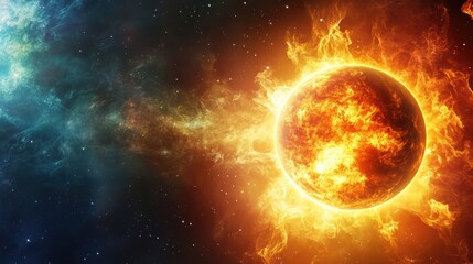 Poster - Bright sun producing vibrant flares in the cosmos with swirling gases and dark space background. Generative AI