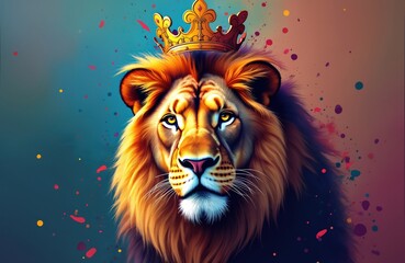 Leinwandbilder - Abstract painting of majestic lion wearing golden crown. Colorful digital art, vibrant artwork with rainbow colors, splash art design. Generative AI image of lion king.