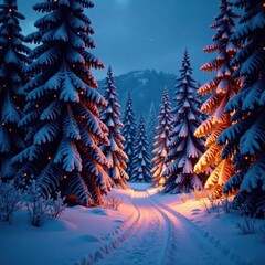 Frosty forest at night with snow-covered trees and twinkling lights , christmas, tree, forest