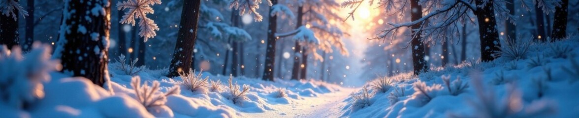frosty forest with snowflakes and twinkling lights , snowflakes, sparkling, lights