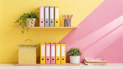 Sticker - A bright office shelf set against a gradient background of sunny yellow and soft pink