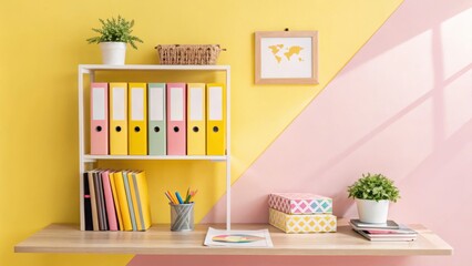 Sticker - A bright office shelf set against a gradient background of sunny yellow and soft pink