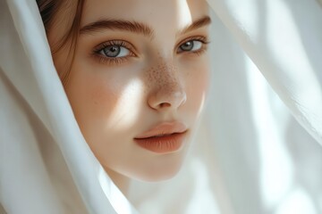 Sticker - Elegant Caucasian woman with flawless skin, natural beauty emphasized by soft backlighting, minimalistic white outfit, serene expression