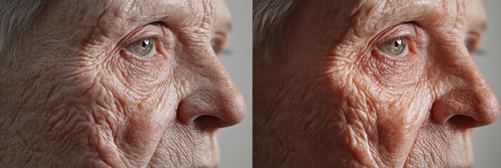 Poster - Transformation from aged to youthful skin captured in a split view highlighting skin care effects. Generative AI
