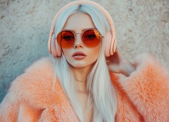 elegant woman in faux fur coat wearing headphones and stylish sunglasses