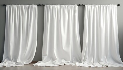 Poster - Illustration of white curtains hanging indoor. Modern design of soft silk fabric sheets, like veil. Home textiles, light interior decor element, drapery, elegant room design. Three waving textile