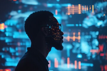 Leinwandbilder - Human silhouette embodies the future with AI data visualizations and analytical charts in a digital landscape. Generative AI
