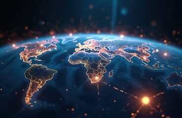 Aufkleber - Illustration of Earth with glowing continents, internet connections. Global network web data telecommunications, 5G infrastructure. Space, low orbit, regional geopolitics technology abstract