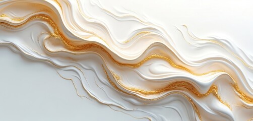 Poster - Abstract gold, white liquid background with flowing pattern. Luxury elegant fluid design for decorative wallpaper, wedding invitation, celebration card, poster banner with shiny metallic golden waves.