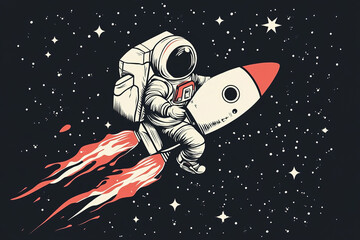 Wall Mural - cartoon illustration astronaut in spacesuit riding on a flying space rocket on black space backgroun