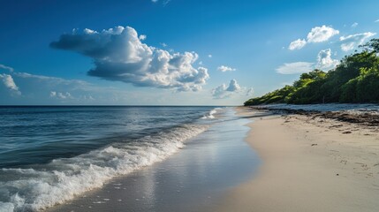 Fototapete - Coastal view of a tranquil beach under a clear blue sky during the golden hour with gentle waves lapping at the shore. Generative AI